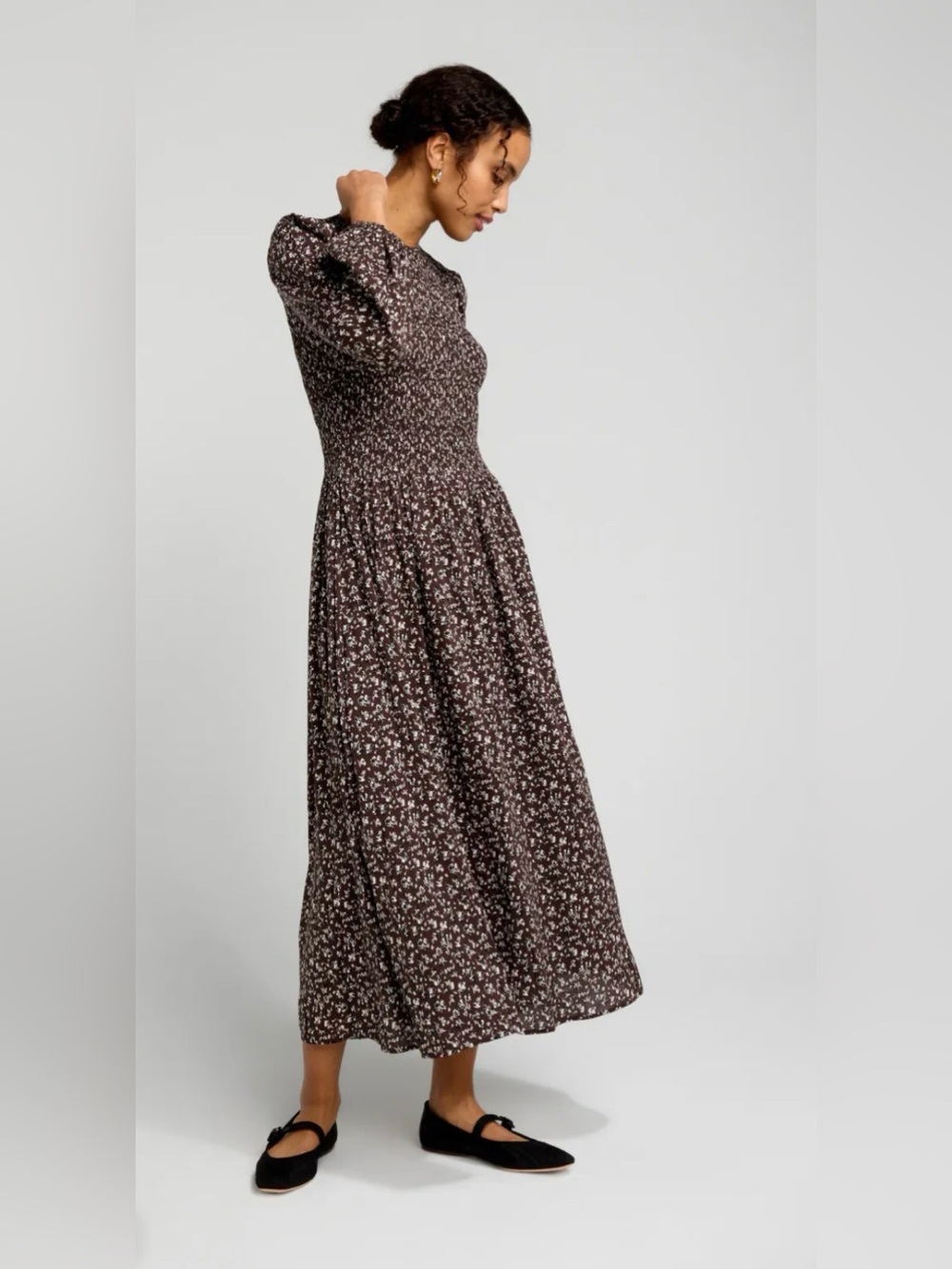 Madewell The Melody Long-Sleeve Smocked Midi Dress, Size M